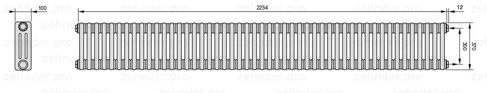 Схема (чертеж) Радиатор Zehnder Charleston 3037/49 №7610 Белый глянцевый RAL 9016